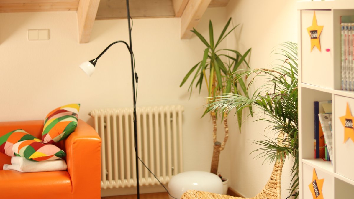 Das Foto zeigt ein Wohnzimmer mit einem Sofa, einer Lampe, einem Regal und Grünpflanzen